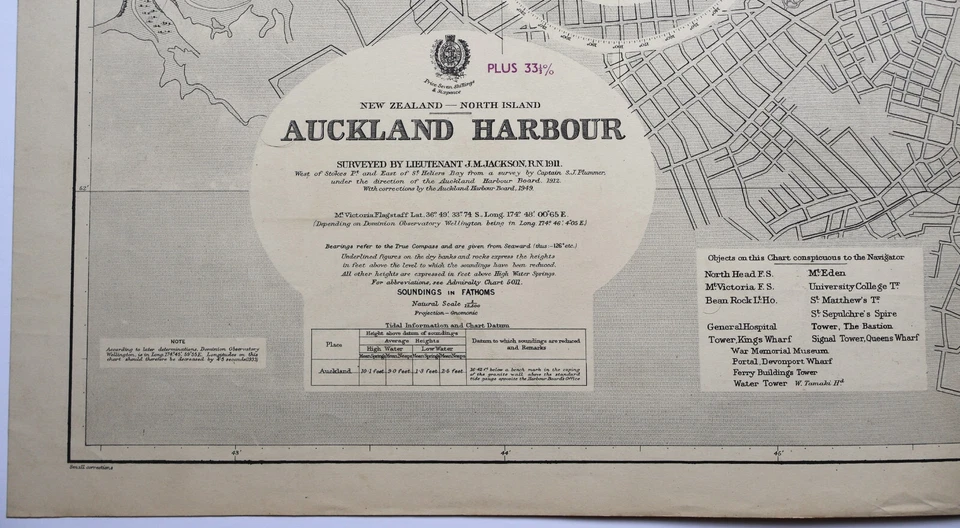 Nautical Chart "Auckland Harbour" UK Admiralty, 1951 - Image 3 of 4