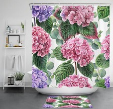 Country Style Plant Green Leaf Pink Floral Shower Curtain Set for Bathroom Decor