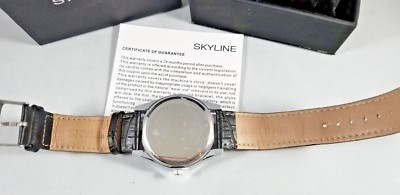 Montre Homme Skyline - Boîtier Argent, Cadran Noir, Bracelet Cuir - Résistante à L'eau, Neuve