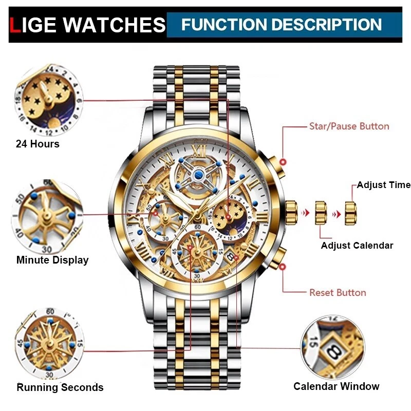 Reloj LIGE Hombre Marca Superior Original Deportivo Cuarzo Hombre Relojes Completo Acero Impermeable Foto 4 de 4
