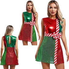 Women Sequins Christmas Costume Mrs Santa Claus Sleeveless Dance Dress Party