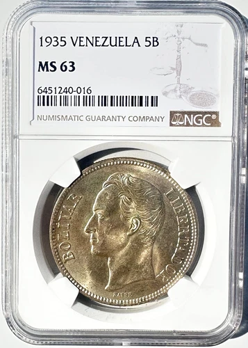 1935 Venezuela 5 Bolívares Silver Coin NGC MS63 Simon Bolivar  Scarce High Grade