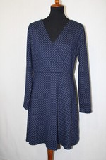 LOFT Sz 12 Navy Blue Polka Dot Heavyweight Knit Faux Wrap Dress Long Sleeve
