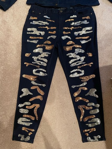 Ashley Stewart Women's Plus Gold/Silver Sequin Blue Denim Jacket u0026 Pants 20  -24 | eBay