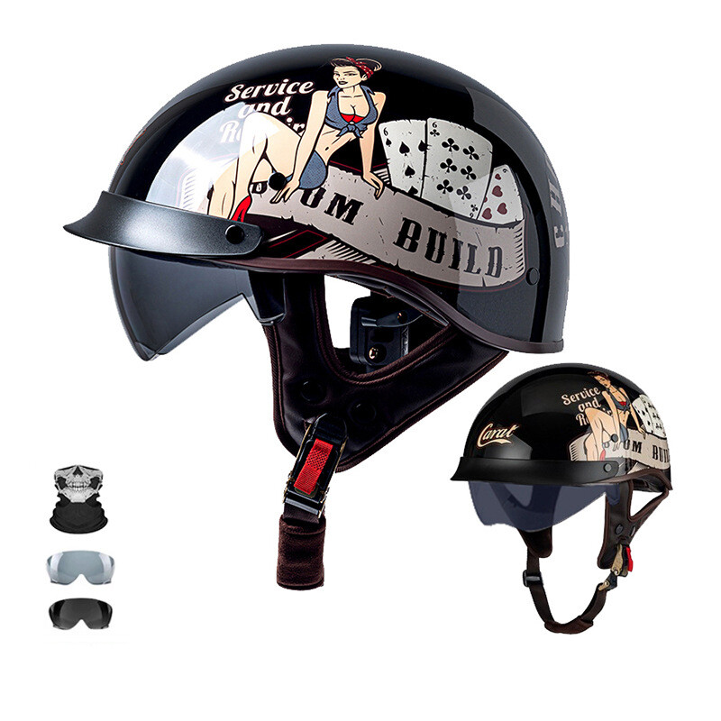 Motorcycle Half Helmet with Retractable Black Sun Visor Adult Head