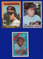 3 ORIOLES LOT 1975 TOPPS JIM PALMER 1970 EARL WEAVER 1972 KELLOGG'S MIKE CUELLAR