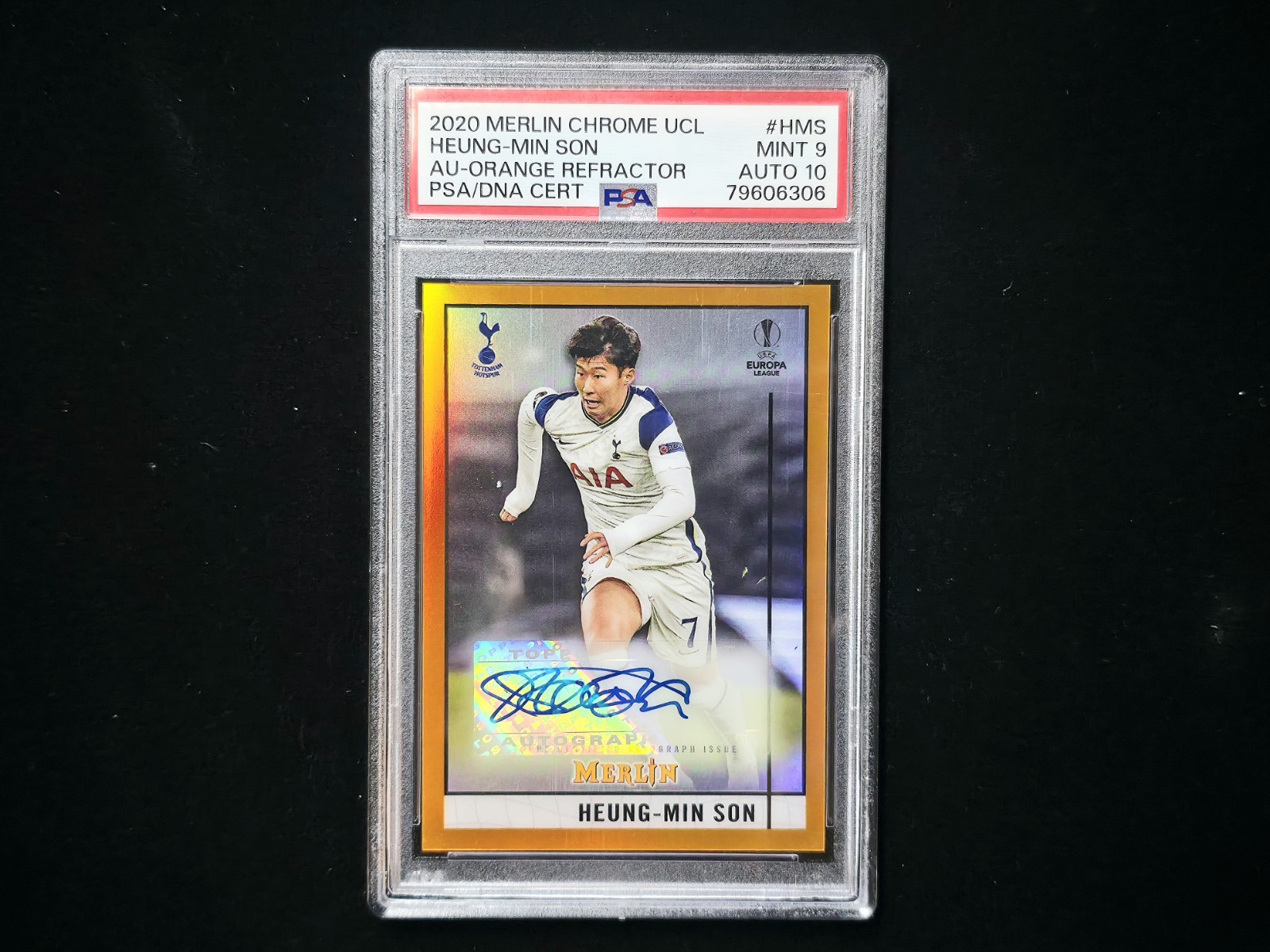 Heung-Min Son 2020 Topps Chrome Merlin UCL Orange Refractor 21/25 PSA 9/10