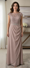 Xscape Lace and Ruched Mesh Dress with Beaded Waist Gown Sz 12 Blush