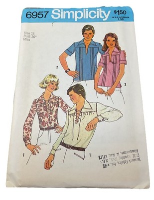 Vintage 1975 Simplicity Pattern 6957 Size 14 Miss Blouse Hippy Hippie Ren Fest