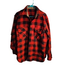 50s Wool Button Up Shirt Size Red Buffalo Plaid USA Vtg Shacket XL Hunting