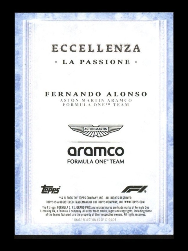 2026 Topps F1 Eccellenza Fernando Alonso La Passione Blue 68/99 Aston ...