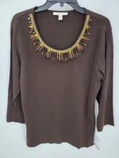 JM Collection Top Womens Large Brown Beaded Scoop Neck Long Sleeve Artsy Boho