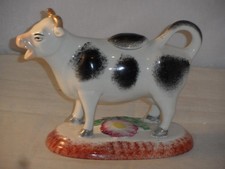 Antique? Staffordshire Pottery Milk Cow Creamer Hand Painted Spongeware 17cm VGC