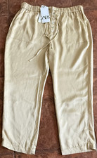 Zara Silky Viscose Satin Pants Button Front Drawstring Elastic Waist Beige Sz XL