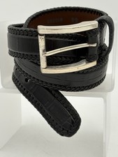 Brighton Men's 44 Black Embossed Leather Braided Trim Belt Silver Buckle M10393
