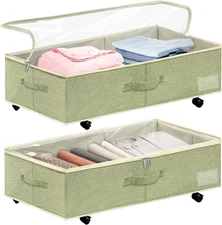 2PCS under Bed Storage Bins with Wheels Clear Lids 10 Inches High Fabric Underbe