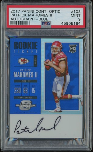 Patrick Mahomes 2017 Contenders Optic Rookie Ticket Blue Auto /25 PSA 9 Mint RC