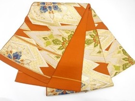 7761776: JAPANESE KIMONO / ANTIQUE FUKURO OBI / SILK / WOVEN FLORAL CREST