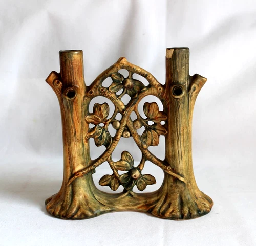 Vintage Weller Art Pottery Woodcraft Apple Tree Double Bud Vase 7.5" Tall