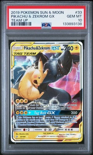 2019 POKEMON SUN & MOON TEAM UP #33 PIKACHU & ZEKROM GX PSA 10