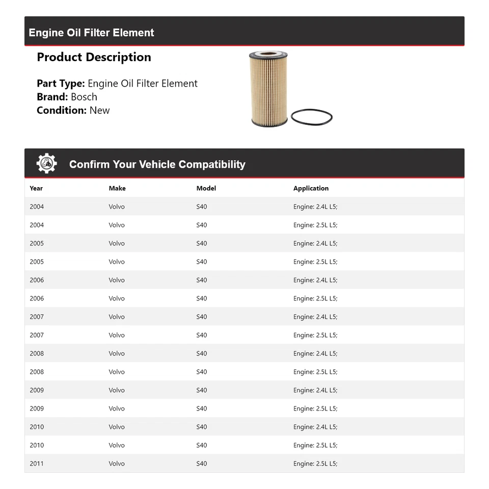 Масляный фильтр премиум-класса для Volvo S40 Bosch 2004-2011 годов выпуска 2005 2006 2007 2008 2009 2010 годов выпуска - Изображение 2 из 4