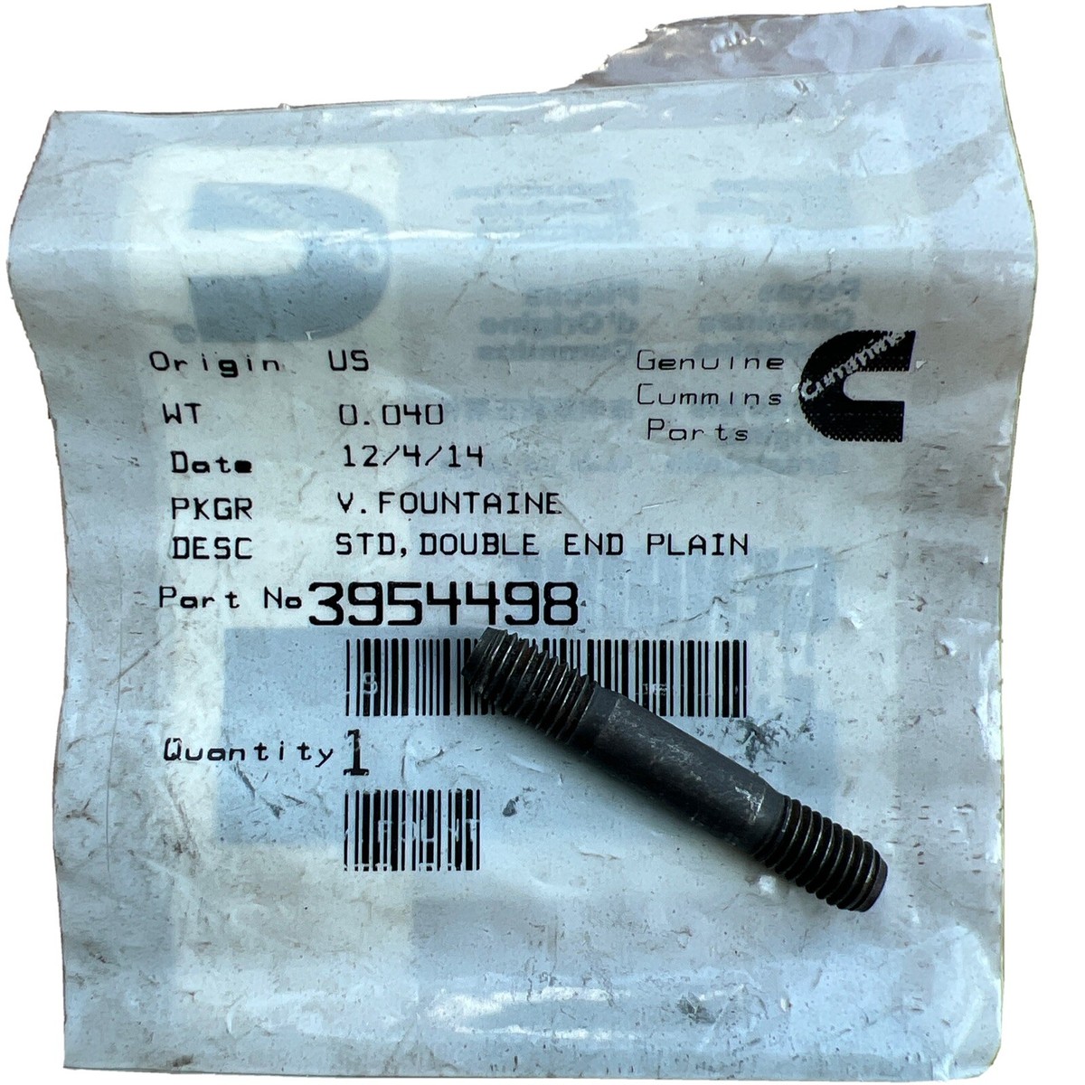 Genuine Cummins 3954498 STUD DOUBLE END PLAIN 6.7 liter ISB