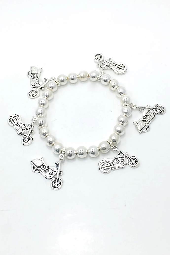 MOTORCYCLE CHARM Stretch Bracelet with Silver Plated Beads