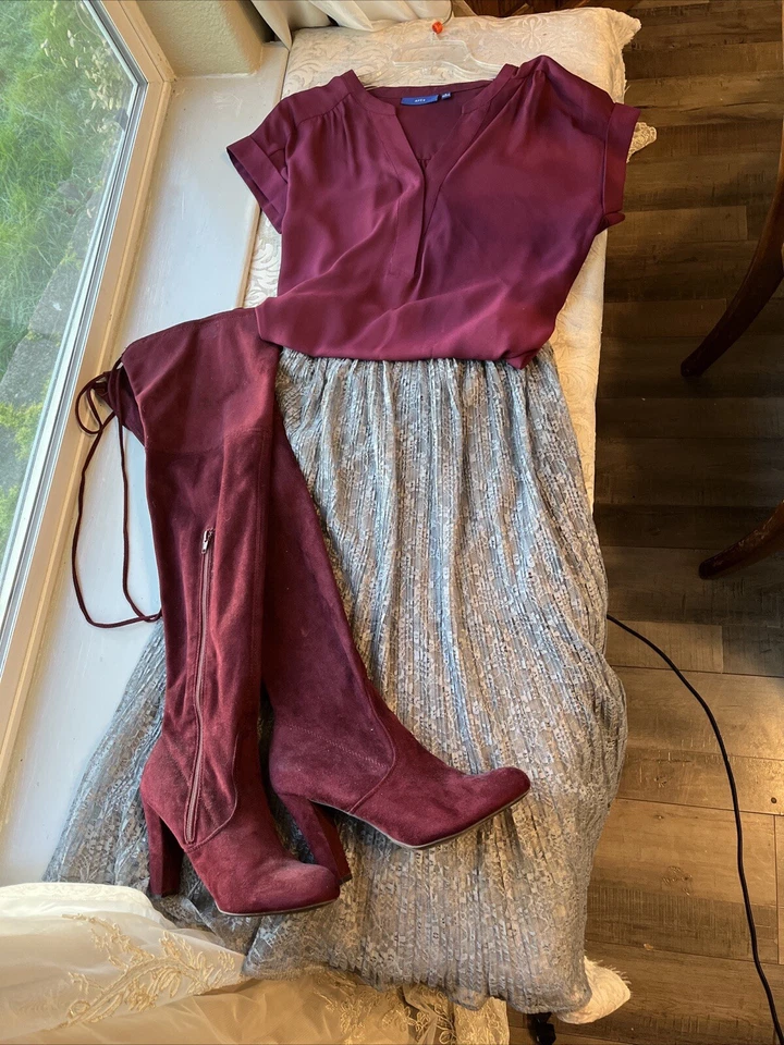 Womans Clothes And Over The Knee Burgundy Suede Boots To Match, Lot Of Six - Image 2 of 4