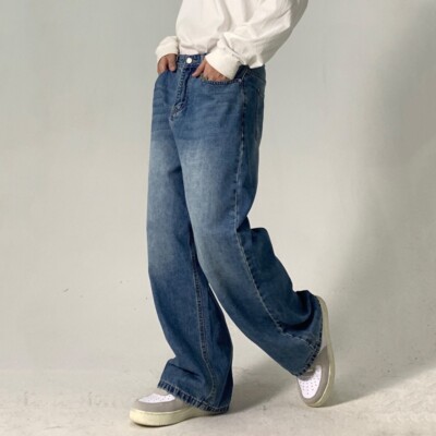 Men Loose Straight Fit Jeans Retro Denim Pants Wide Leg Trousers Hip Hop Blue