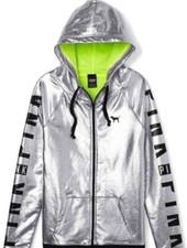 Victoria's Secret Pink Fashion Show Silver Metallic Hoodie Jacket Size Large