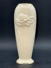 Lenox Ivory Vase With Embossed Rose Design & Gold Trim 7.5" Tall Handcrafted In