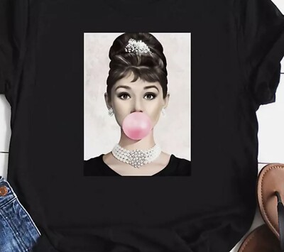 Audrey Hepburn Pink Bubble Gum Cotton White All Size Men Women T-Shirt