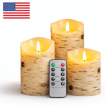 Flameless Birch LED Candles Set of 3   Real Wax, Moving Flame, Remote Timer