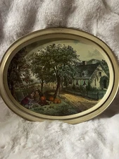 Currier and Ives 'The American Homestead' Summer Vintage Metal Serving Tray Oval