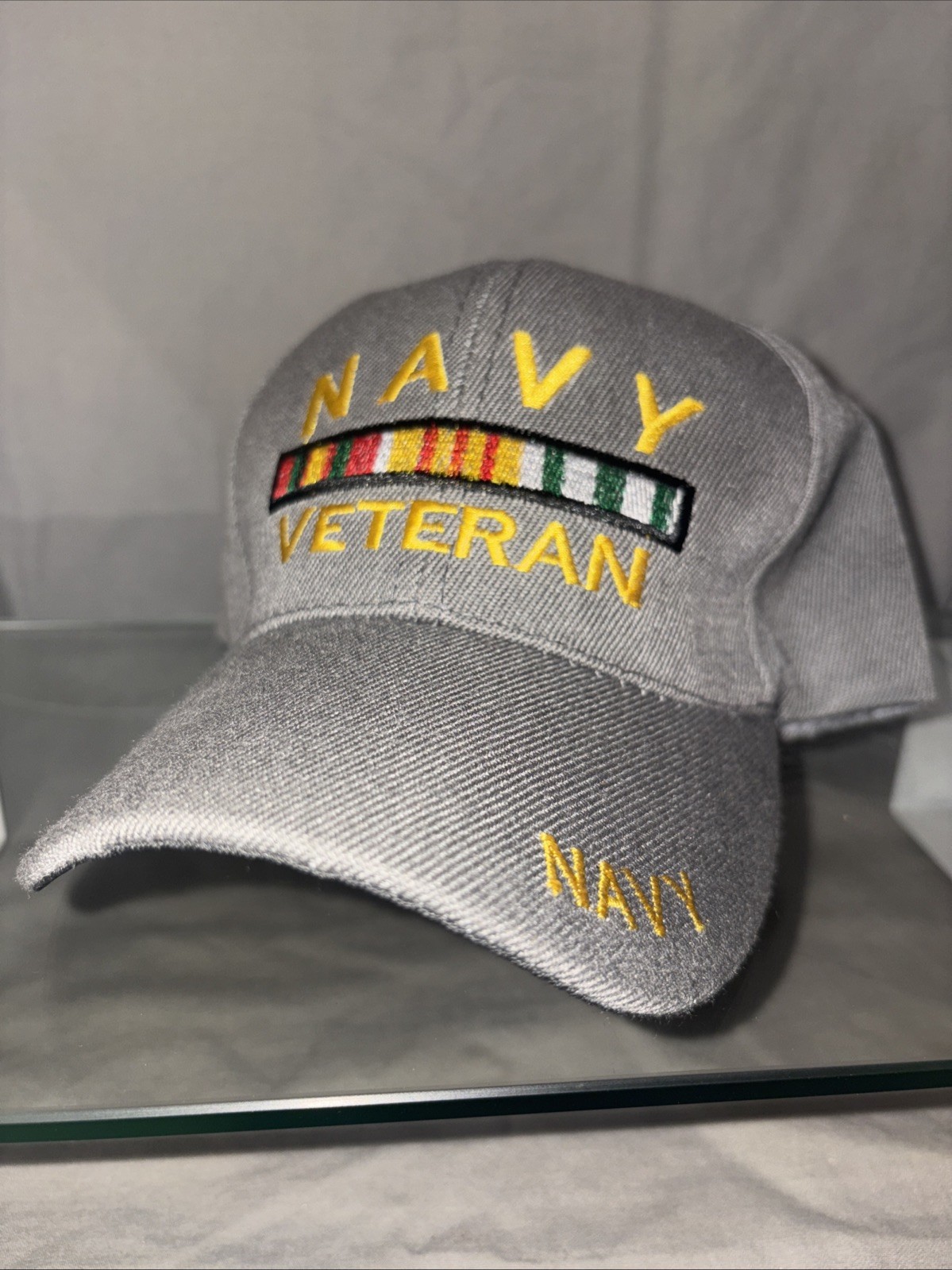 Navy Veteran Adjustable Cap Hat Gray with Embroidered Service Stripes