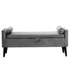 2022 Modern Upholstered Storage Ottoman Bench With Arms & 2 Round Pillows