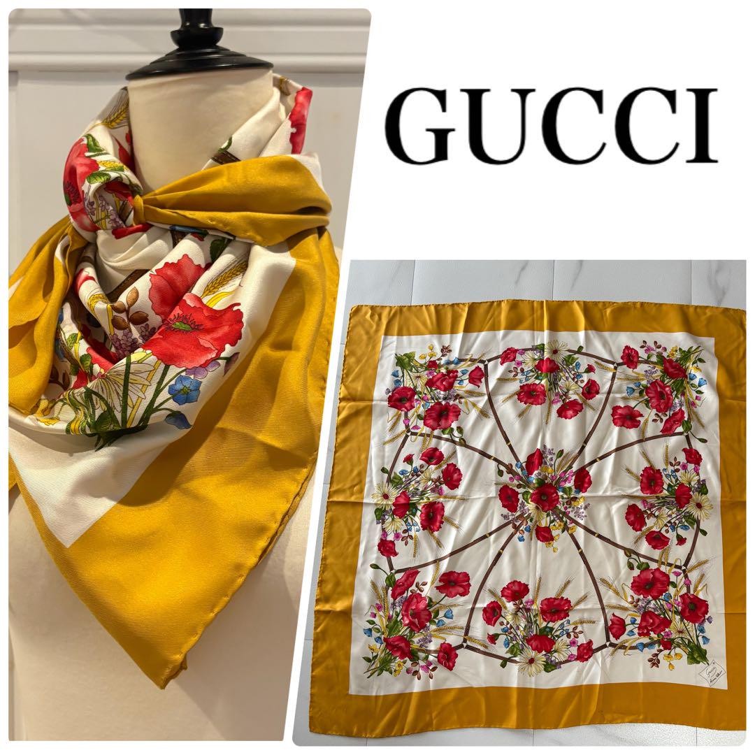 Gucci Flower Pattern Silk Scarf Gerbera Floral Yellow White