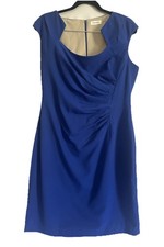 Calvin Klein Blue Ruched Sheath Cap Sleeve Queen Anne Neck Dress Size 14