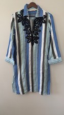 Tory Burch Embroidered Beaded Dress Sz 4 Relaxed Coastal Blue Stripe Collar $548