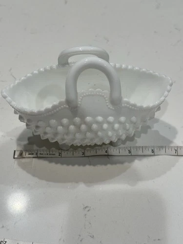 Vintage Fenton White Milk Glass Hobnail Curved Basket Vase Footed
