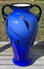 Fenton BRAVEHEART 10" Blue Vase w/ Handles DAVE FETTY Bleeding Hearts Art Glass