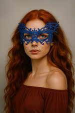 Royal Blue Venetian Lace Masquerade Mask with Rhinestones Ribbon Ties 551
