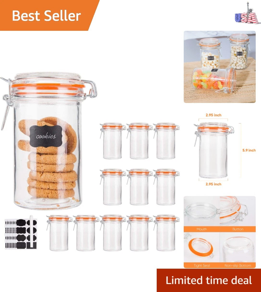 Glass Jars With Airtight Lids, 16 oz Glass Jars With Leak Proof Rubber Gasket...
