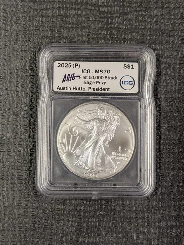 2025 P MS 70 American Silver Eagle First 50,000 Struck Eagle Privy ICG Hutto Sig