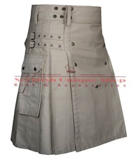 Scottish Handmade Khaki/Beige Cotton Kilt Utility Kilt For Men Cargo Pockets