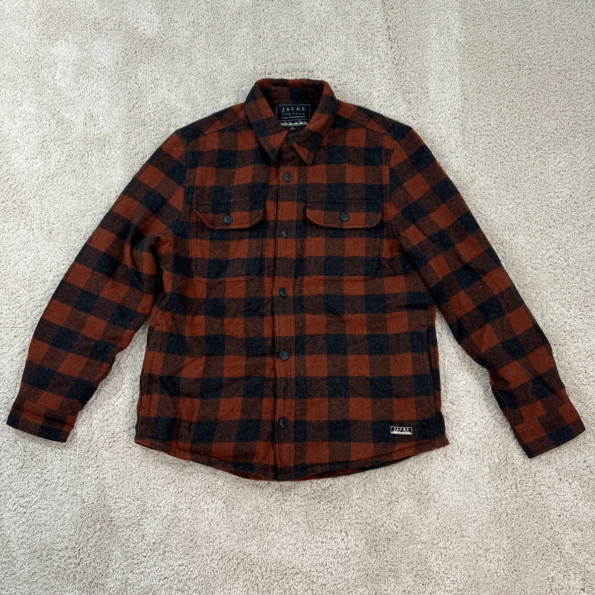 JACHS NEW YORK Men's Orange/Black Plaid Wool-Blend Flannel Shirt