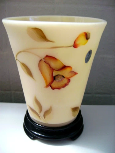 FENTON - D. BARBOUR (HP) TAN FLORAL FLIP VASE WITH STAND - GORGEOUS!!