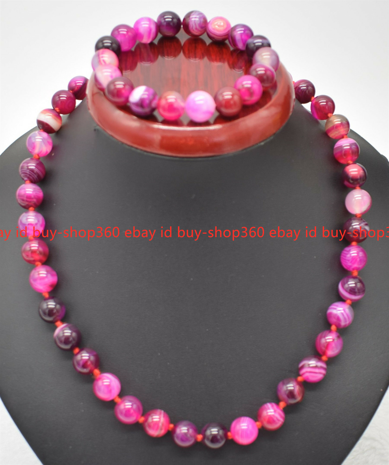 8-12mm Rose Red Stripe Agate Necklace & Bracelet Set 18-7.5 Inch