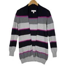 Gharani Strok Striped Cardigan Sweater Small Petite Angora Blend Gray Pink Black