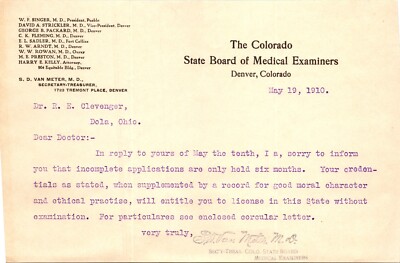 Colorado Medical Examiners Denver Colorado 1910 Letterhead Coroner